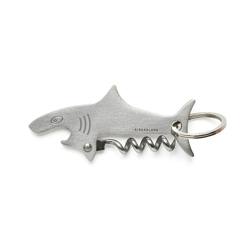 Porte-clés Requin Kikkerland en inox avec tire-bouchon replié