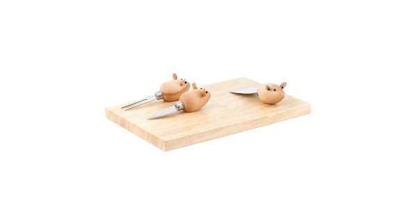 Set à fromage Souris Kikkerland avec planche en bois et trois couteaux