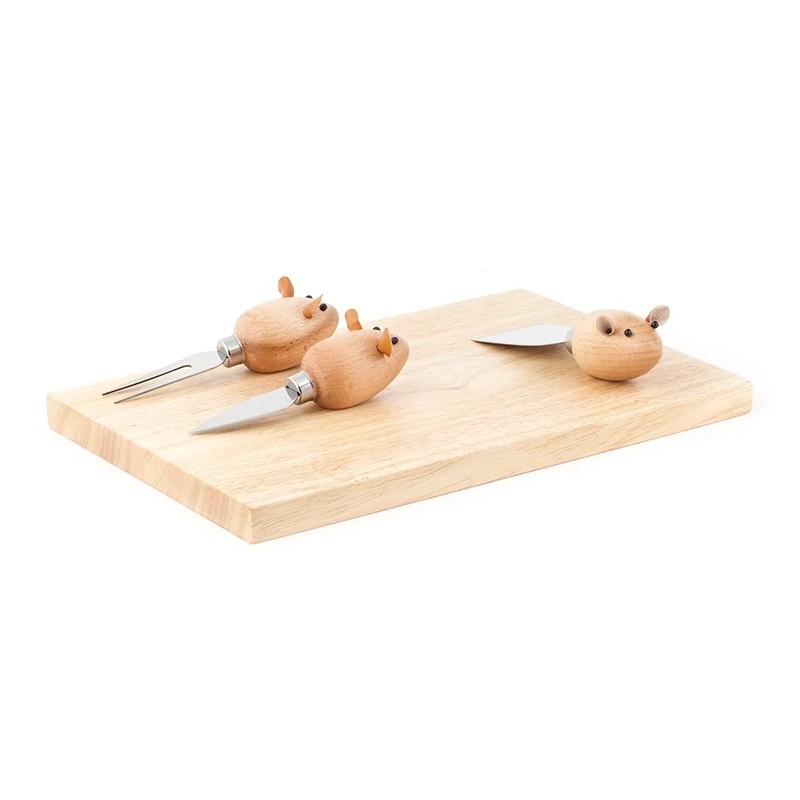 Set à fromage Souris Kikkerland avec planche en bois et trois couteaux