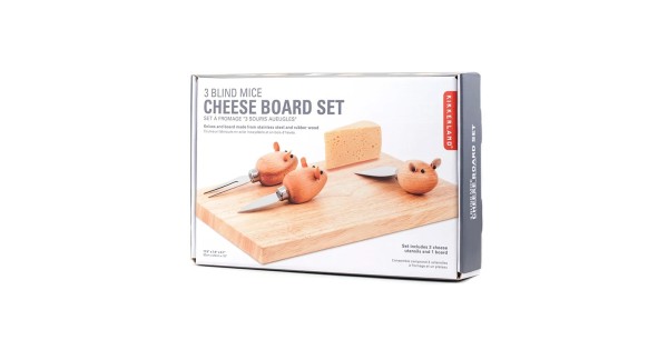 Boîte du set à fromage Souris Kikkerland avec planche et couteaux
