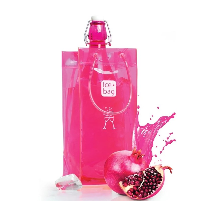 Sac rafraîchisseur Ice.Bag Classic rose Pink présenté avec une bouteille