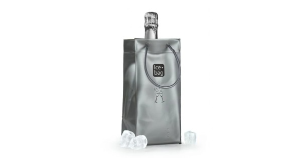 Sac rafraîchisseur Ice.Bag Classic argent mat présenté avec une bouteille
