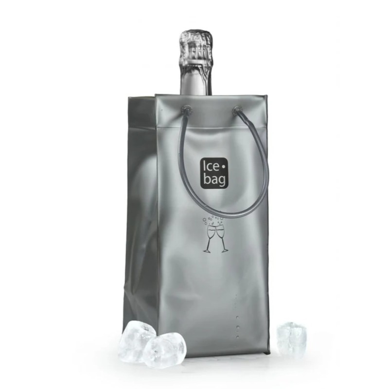 Sac rafraîchisseur Ice.Bag Classic argent mat présenté avec une bouteille