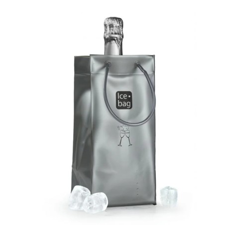 Sac rafraîchisseur Ice.Bag Classic argent mat présenté avec une bouteille