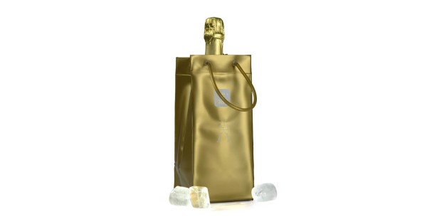Sac rafraîchisseur Ice.Bag Classic doré Gold présenté avec une bouteille