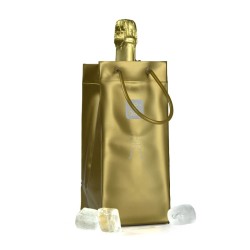 Sac rafraîchisseur Ice.Bag Classic doré Gold présenté avec une bouteille