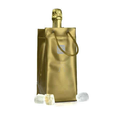 Sac rafraîchisseur Ice.Bag Classic doré Gold présenté avec une bouteille