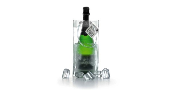 Sac rafraîchisseur Ice.Bag Pro Classic Clear présenté avec une bouteille