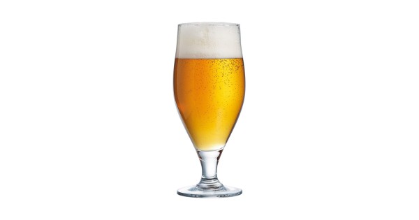Bière blonde et mousse dans un verre à pied Cervoise 32 cl Arcoroc