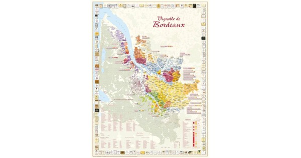 Poster du vignoble de Bordeaux Benoît France avec carte, étiquettes de châteaux et tableaux