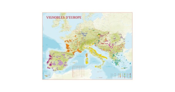 Carte murale des vignobles d’Europe Benoît France, régions viticoles et tableau par pays