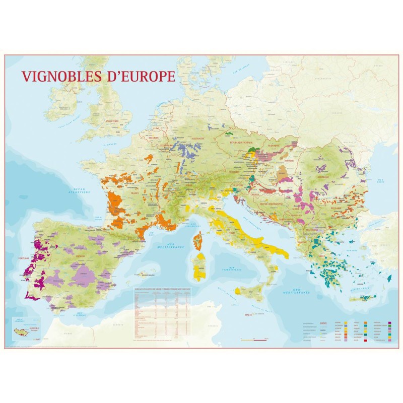 Carte murale des vignobles d’Europe Benoît France, régions viticoles et tableau par pays