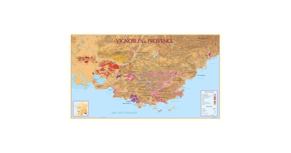 Poster des vignobles de Provence Benoît France, carte horizontale sur fond en relief