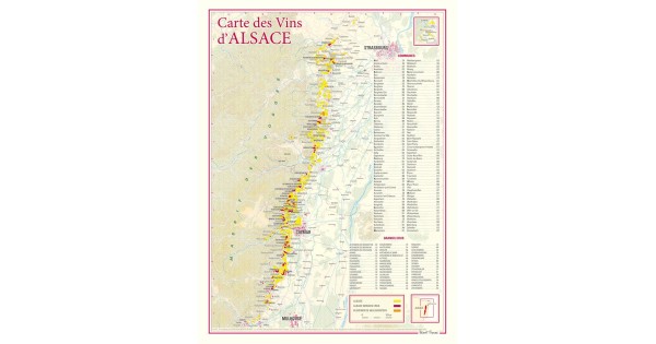 Carte des vins d’Alsace Benoît France 30 × 40 cm, vignoble vertical et index des grands crus