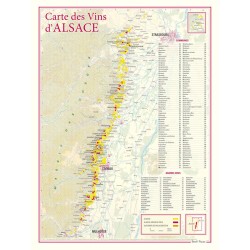 Carte des vins d’Alsace Benoît France 30 × 40 cm, vignoble vertical et index des grands crus