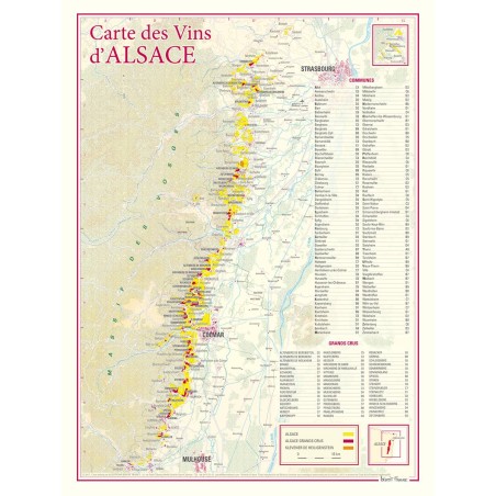 Carte des vins d’Alsace Benoît France 30 × 40 cm, vignoble vertical et index des grands crus