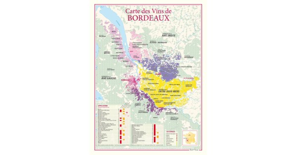 Carte des vins de Bordeaux Benoît France 30 × 40 cm, secteurs colorés et tableau des appellations