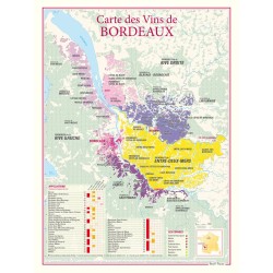 Carte des vins de Bordeaux Benoît France 30 × 40 cm, secteurs colorés et tableau des appellations