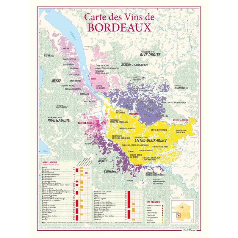 Carte des vins de Bordeaux Benoît France 30 × 40 cm, secteurs colorés et tableau des appellations
