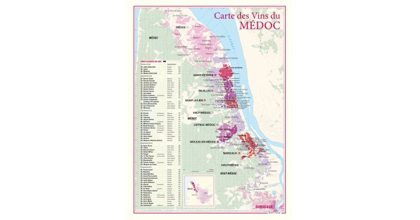 Carte viticole du Médoc Benoît France 30 × 40 cm, appellations le long de la Gironde