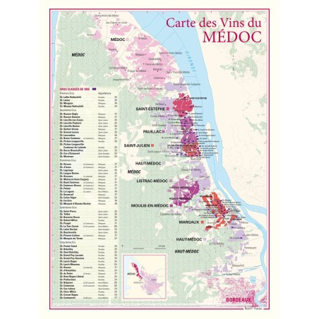 Carte viticole du Médoc Benoît France 30 × 40 cm, appellations le long de la Gironde