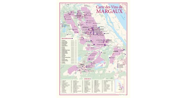 Carte des vins de Margaux Benoît France 30 × 40 cm avec châteaux et limites communales