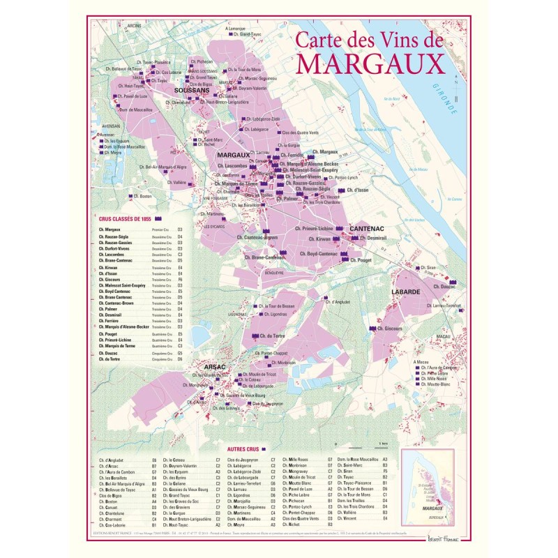 Carte des vins de Margaux Benoît France 30 × 40 cm avec châteaux et limites communales