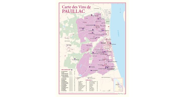 Carte des vins de Pauillac Benoît France 30 × 40 cm, vignoble et tableau des domaines