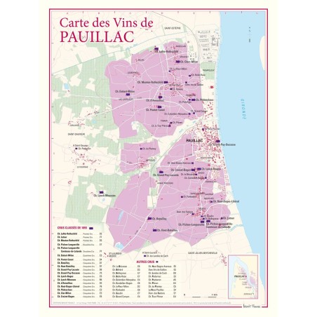 Carte des vins de Pauillac Benoît France 30 × 40 cm, vignoble et tableau des domaines