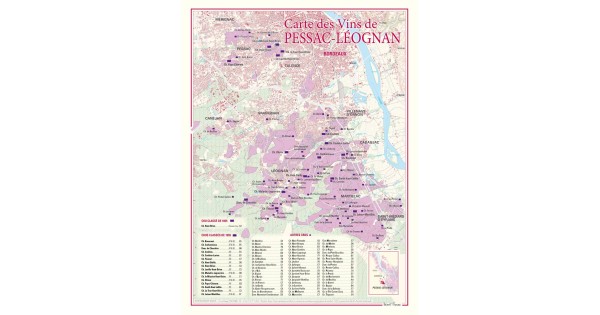 Carte de Pessac-Léognan Benoît France 30 × 40 cm, domaines et communes au sud de Bordeaux