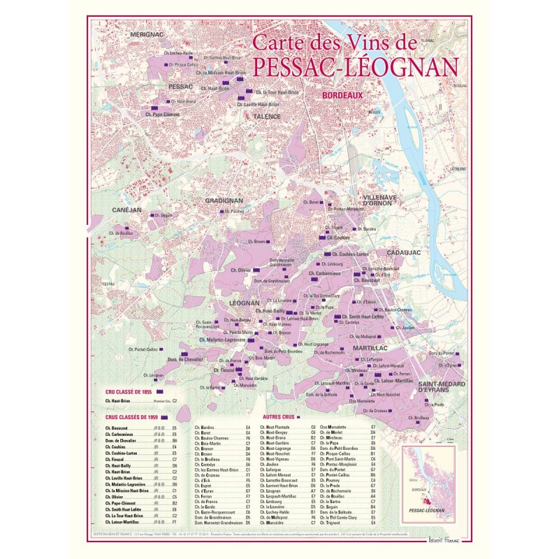 Carte de Pessac-Léognan Benoît France 30 × 40 cm, domaines et communes au sud de Bordeaux