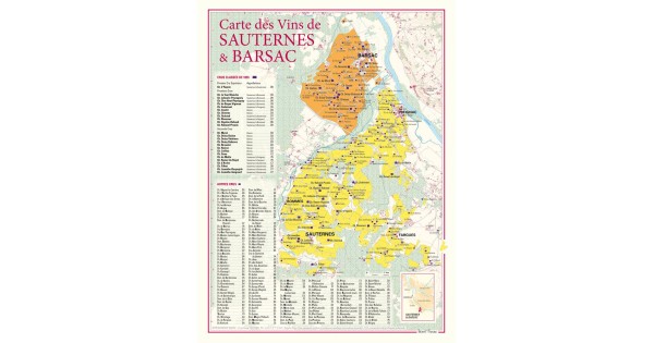 Carte de Sauternes et Barsac Benoît France 30 × 40 cm, vignobles et index des châteaux