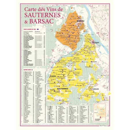 Carte de Sauternes et Barsac Benoît France 30 × 40 cm, vignobles et index des châteaux