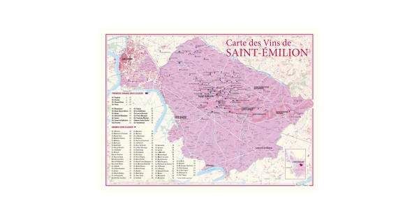 Carte de Saint-Émilion Benoît France 30 × 40 cm avec les châteaux du classement de 2012