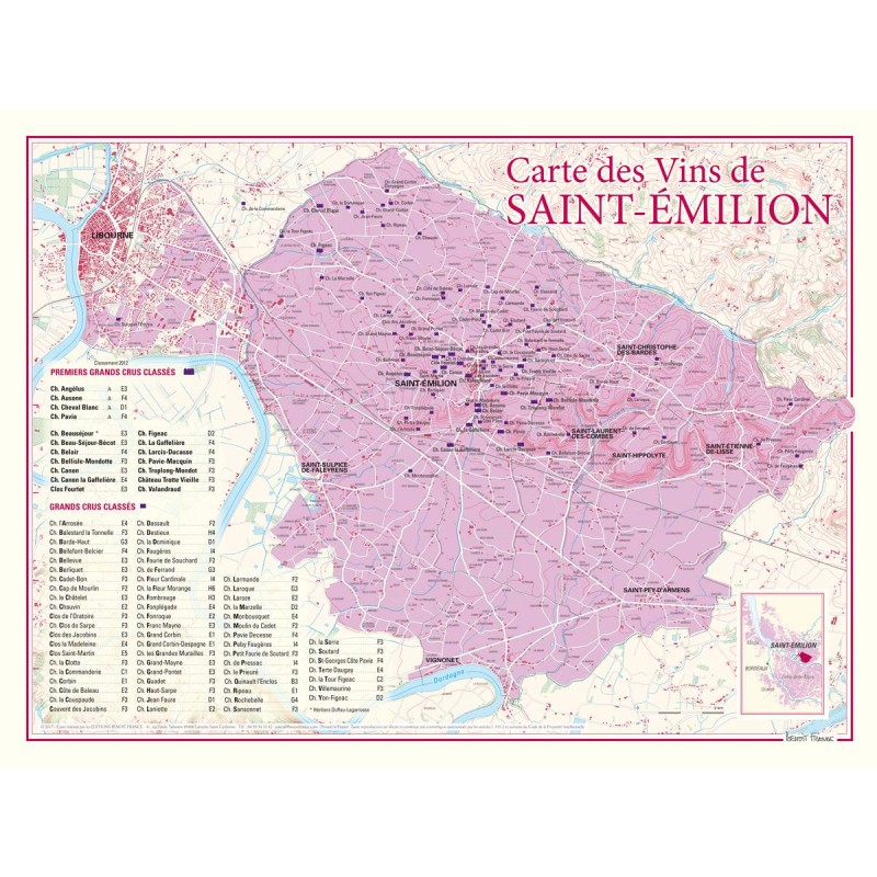 Carte de Saint-Émilion Benoît France 30 × 40 cm avec les châteaux du classement de 2012