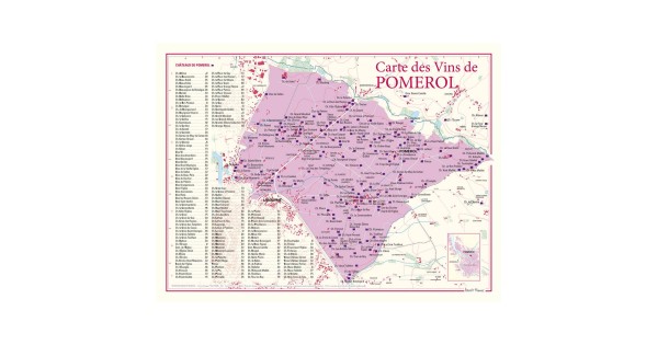 Carte des vins de Pomerol Benoît France 30 × 40 cm, vignoble et index de 141 domaines