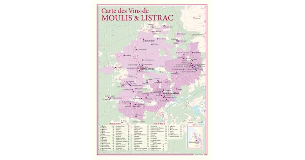 Carte de Moulis et Listrac Benoît France 30 × 40 cm avec les tableaux des châteaux