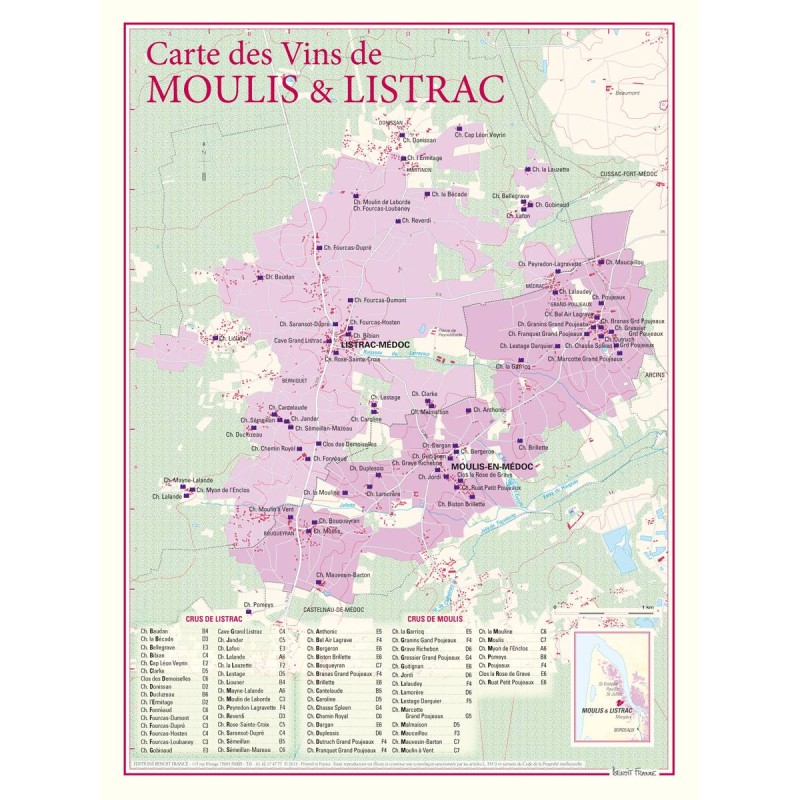 Carte de Moulis et Listrac Benoît France 30 × 40 cm avec les tableaux des châteaux