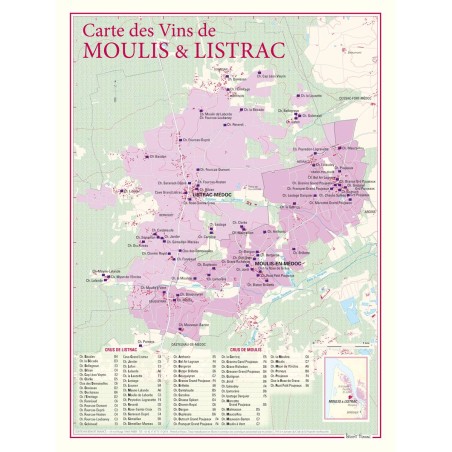 Carte de Moulis et Listrac Benoît France 30 × 40 cm avec les tableaux des châteaux
