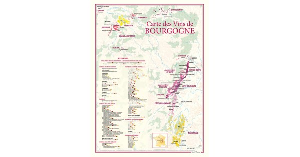 Carte générale des vins de Bourgogne Benoît France 30 × 40 cm avec tableau des appellations