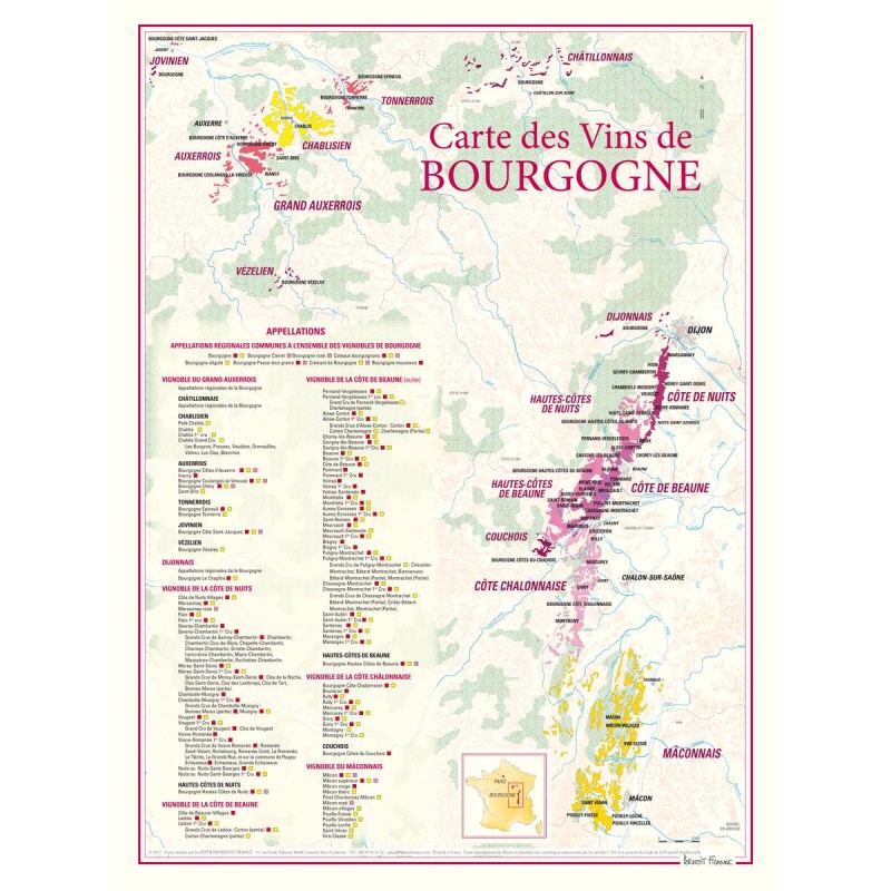 Carte générale des vins de Bourgogne Benoît France 30 × 40 cm avec tableau des appellations