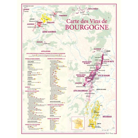 Carte générale des vins de Bourgogne Benoît France 30 × 40 cm avec tableau des appellations