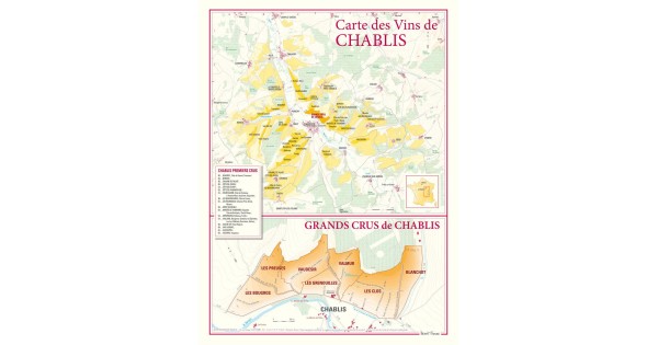 Carte de Chablis Benoît France 30 × 40 cm avec agrandissement des sept grands crus