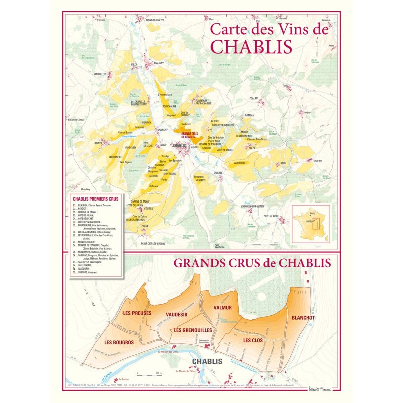 Carte de Chablis Benoît France 30 × 40 cm avec agrandissement des sept grands crus