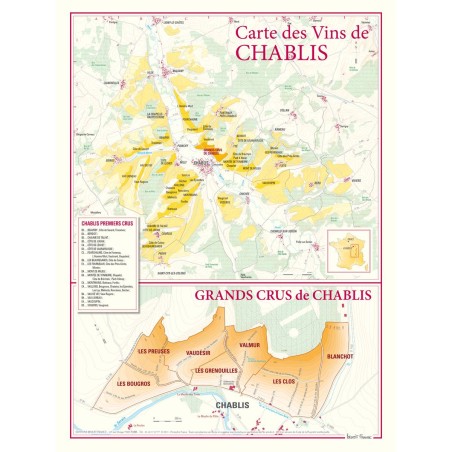 Carte de Chablis Benoît France 30 × 40 cm avec agrandissement des sept grands crus