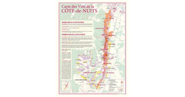 Carte de la Côte de Nuits Benoît France 30 × 40 cm, vignobles et tableaux des crus