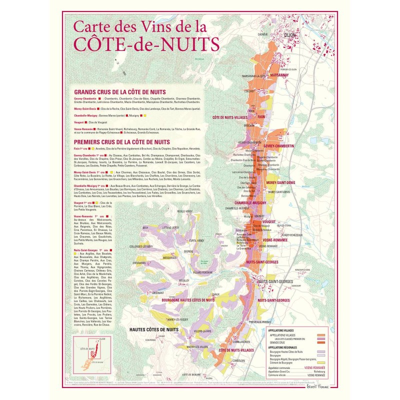 Carte de la Côte de Nuits Benoît France 30 × 40 cm, vignobles et tableaux des crus