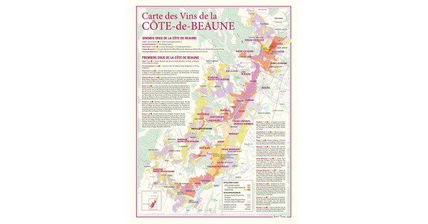 Carte de la Côte de Beaune Benoît France 30 × 40 cm, appellations et tableaux des premiers crus