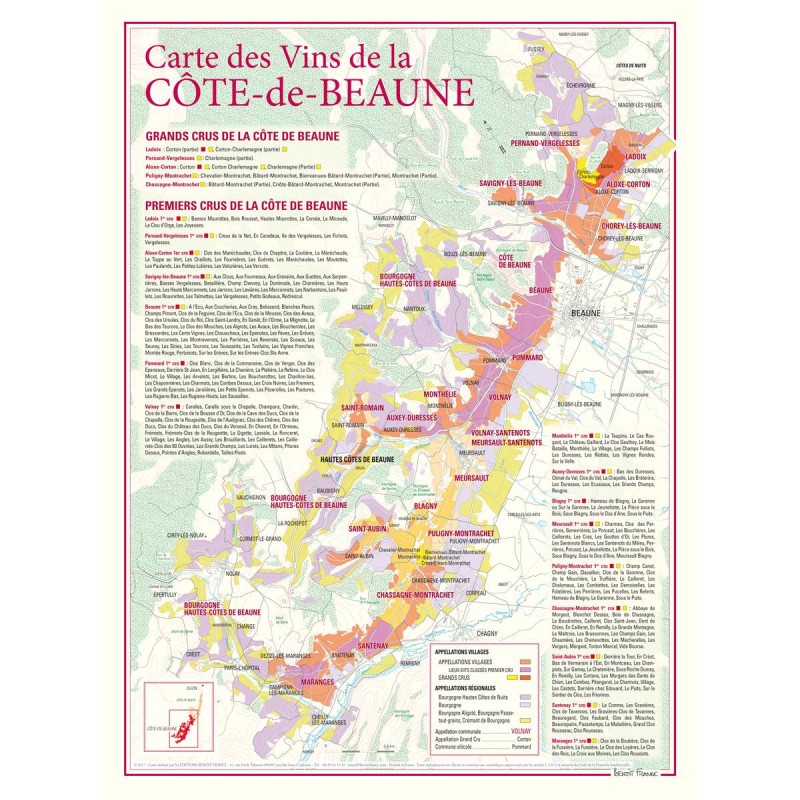 Carte de la Côte de Beaune Benoît France 30 × 40 cm, appellations et tableaux des premiers crus