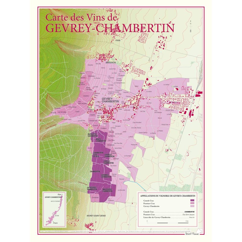 Carte parcellaire de Gevrey-Chambertin Benoît France 30 × 40 cm, grands crus en couleur